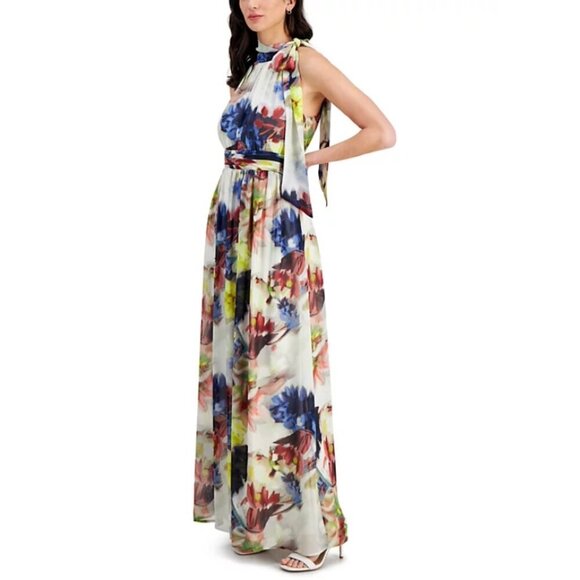 MSRP $159.00 NWT Anne Klein Printed Tie-Neck Sleeveless Smocked-Waist Maxi Dress - Picture 4 of 10